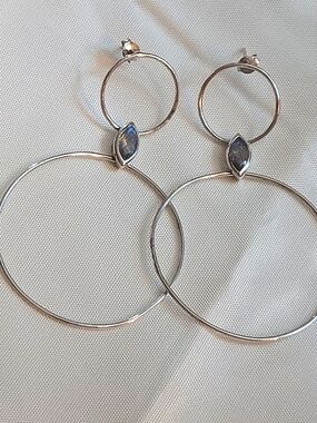 Sterling Silver Double Hoop Earrings with Gray Marquise Stone